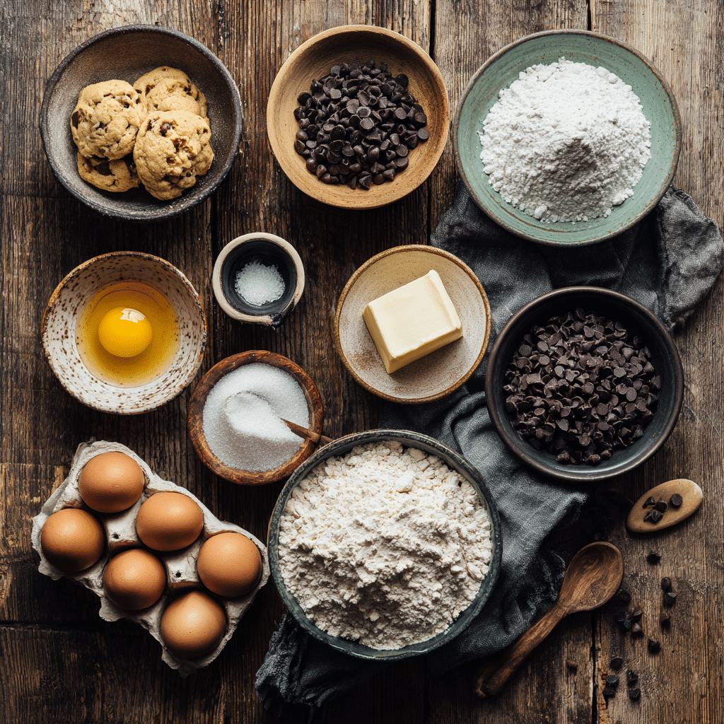 Chocolate Chip Cookie Cake – 7 Irresistible Tips for Chewy Perfection 7 Baking ingredients for homemade chocolate chip cookie cake on a rustic wooden table.