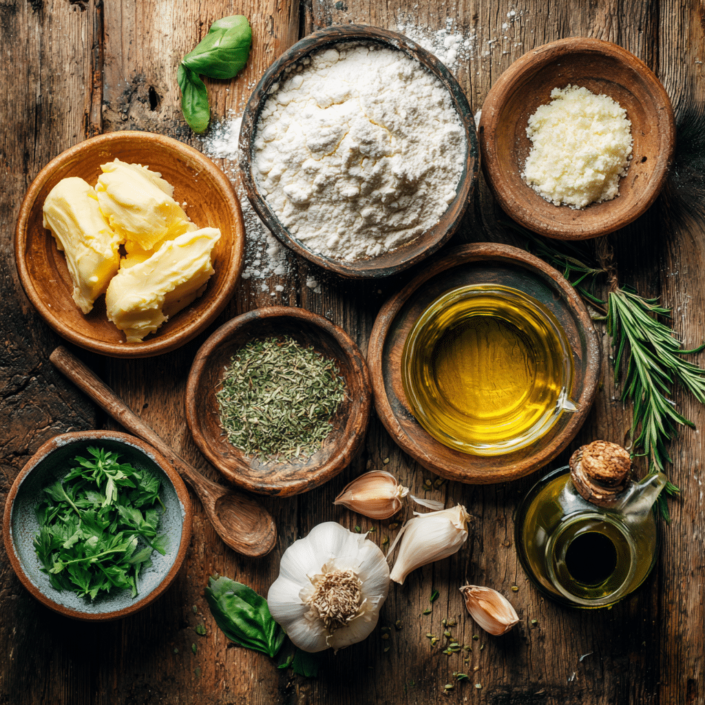 Homemade Garlic Knots Recipe – 7 Pro Tips for Perfect Flavor 6 Ingredients for the homemade garlic knots recipe including flour, garlic, butter, olive oil, and herbs.