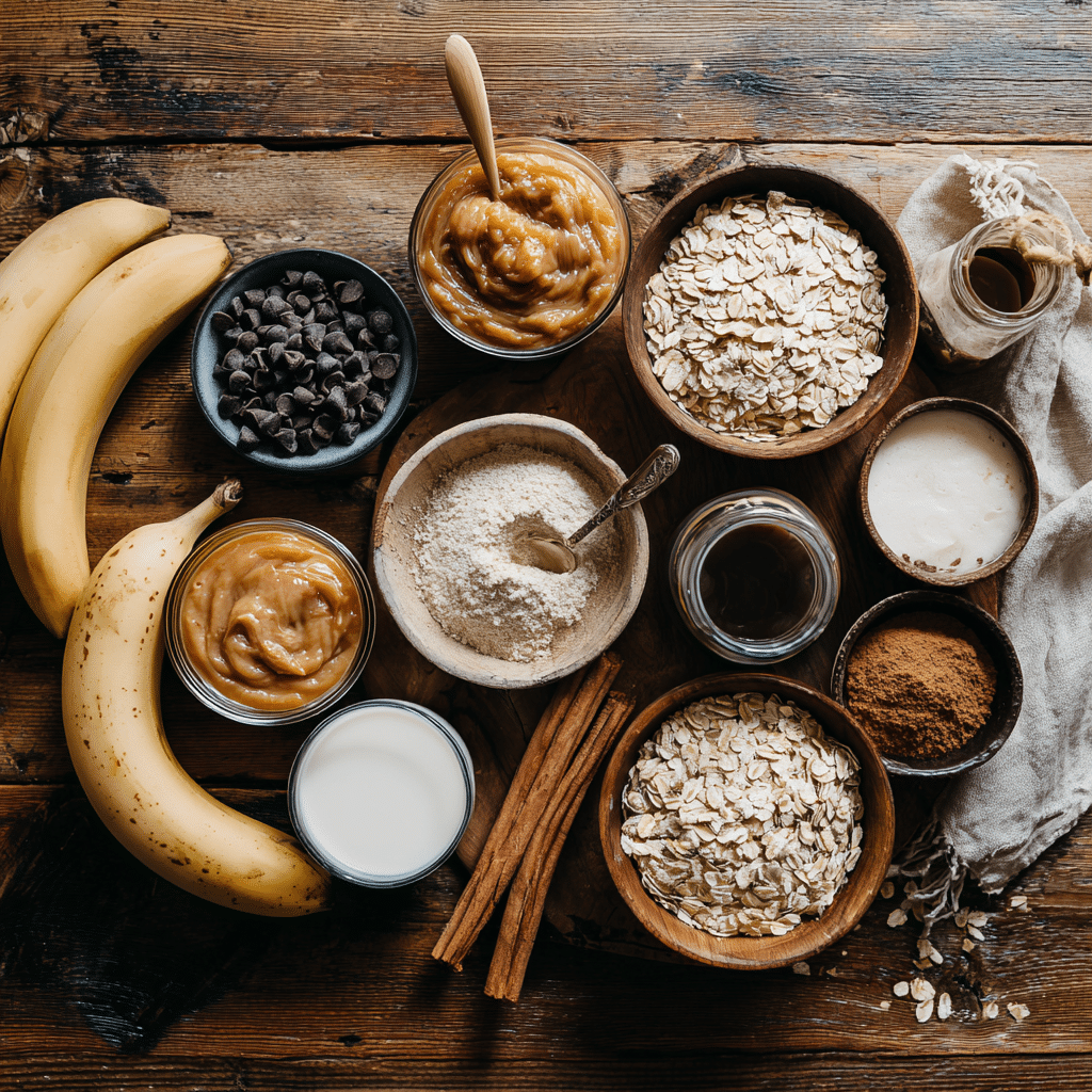 Peanut Butter Banana Chocolate Chip Oatmeal Bars: 7 Easy Steps to Chewy Perfection 6 “Ingredients for Peanut Butter Banana Chocolate Chip Oatmeal Bars arranged on a rustic kitchen counter”