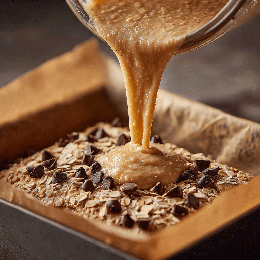 Peanut Butter Banana Chocolate Chip Oatmeal Bars: 7 Easy Steps to Chewy Perfection 7 Pouring batter for Peanut Butter Banana Chocolate Chip Oatmeal Bars into baking pan