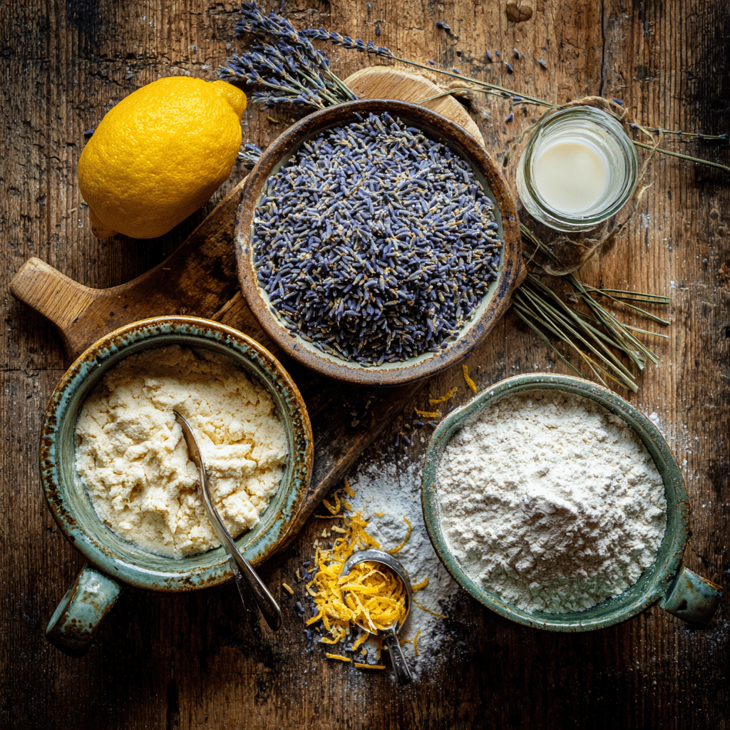 Buttermilk Lavender Scones: 5 Irresistible Brunch Treats 6 Ingredients for Buttermilk Lavender Scones – dried lavender, lemon zest, and buttermilk in a rustic setting.