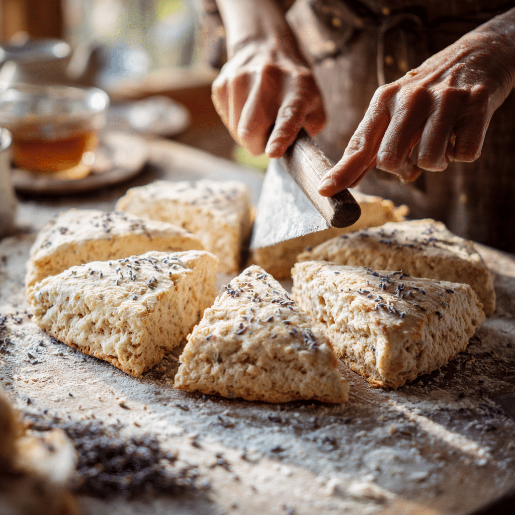Buttermilk Lavender Scones: 5 Irresistible Brunch Treats 7 Lavender scone dough being shaped and cut into wedges on a floured counter.