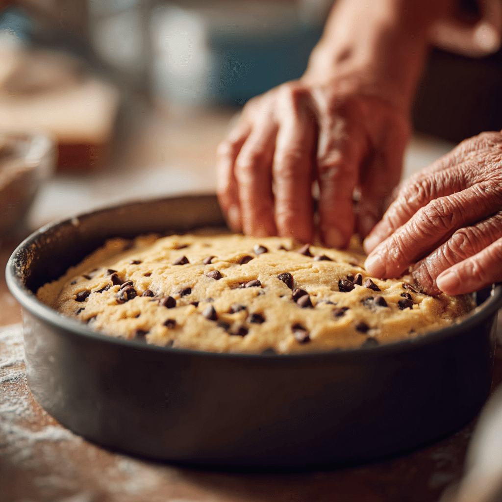 Chocolate Chip Cookie Cake – 7 Irresistible Tips for Chewy Perfection 8 Pressing chocolate chip cookie dough into a round cake pan before baking.