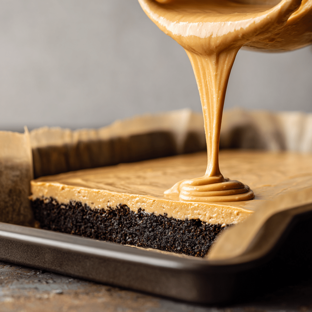 Chocolate Peanut Butter Cheesecake Bars: 7 Irresistible Layers of Flavor 7 Pouring creamy peanut butter cheesecake filling into a parchment-lined pan with Oreo crust.