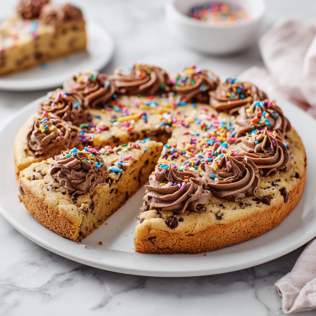 Freshly baked chocolate chip cookie cake decorated with chocolate buttercream and sprinkles.