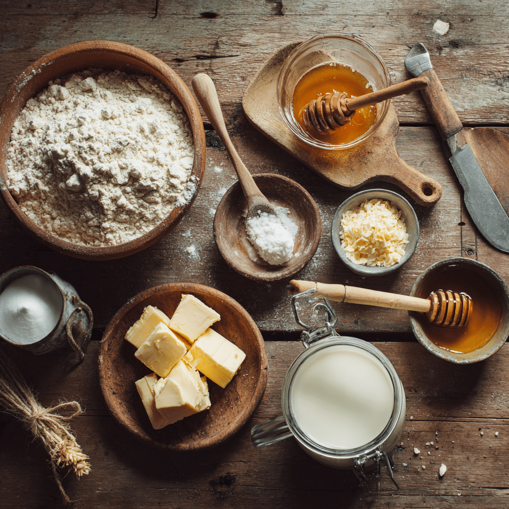 No Yeast Bread Recipe 7 Foolproof Steps to a Perfect Loaf 6 Rustic ingredients laid out for no yeast bread including flour, buttermilk, and hone