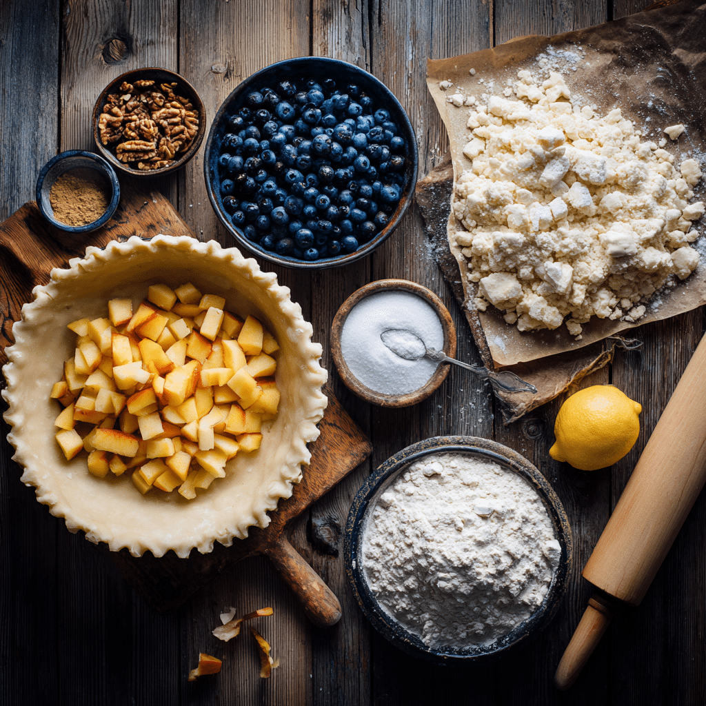 Blueberry Peach Pie: 7 Juicy Tips for Summer Success 6 “Ingredients for blueberry peach pie laid out on rustic wood surface, including peaches, blueberries, sugar, and pie crust”