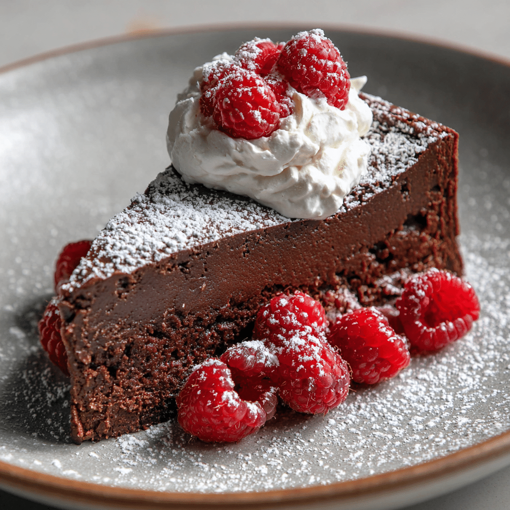 Flourless Chocolate Cake Recipe: 7 Secrets for a Fudgy Favorite 5 Plated slice of flourless chocolate cake topped with mocha whipped cream and raspberries.