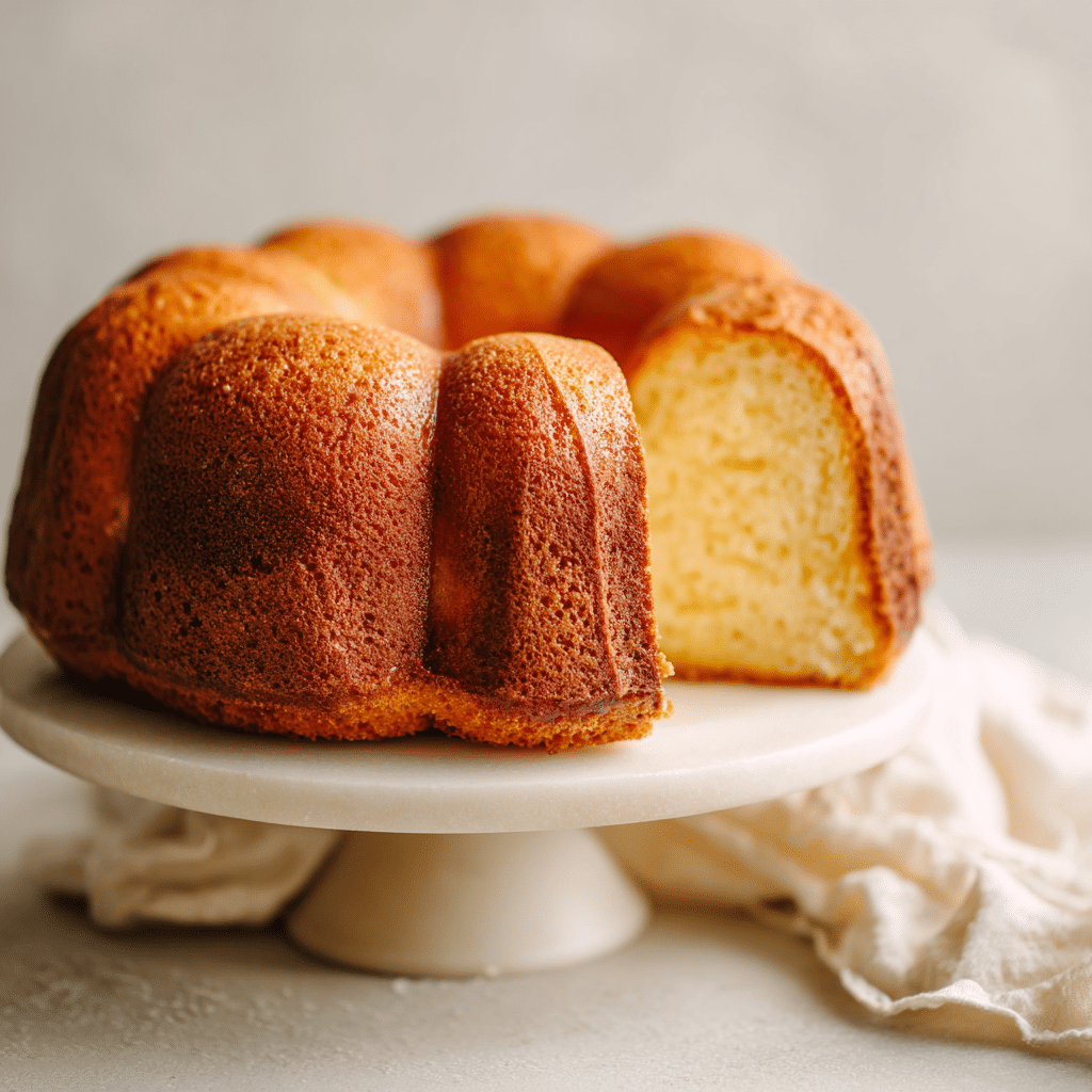 Cream Cheese Pound Cake Recipe – 7 Easy Steps for Moist Perfection 6 Sliced cream cheese pound cake on a white cake stand.