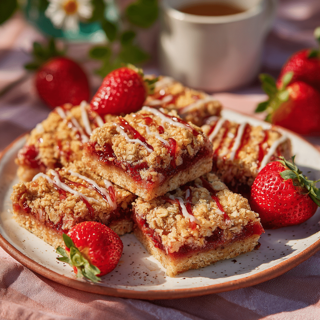 Finished Strawberry Rhubarb Crumb Bars served on a summer-themed plate
