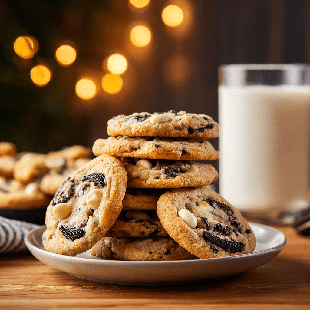 Cookies & Cream Cookies: 5 Secret Tips for Ultra‑Soft Perfection 5 Stack of freshly baked Cookies & Cream Cookies with golden edges, Oreo chunks, and white chocolate chips next to a glass of milk.