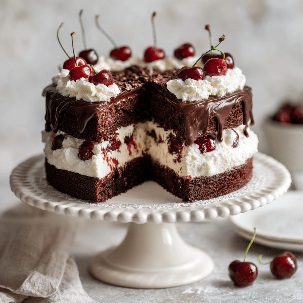 Black Forest Cake – 7 Secrets to a Rich & Decadent Dessert 5 Sliced Black Forest Cake showing layers of chocolate cake, whipped cream, and cherries.