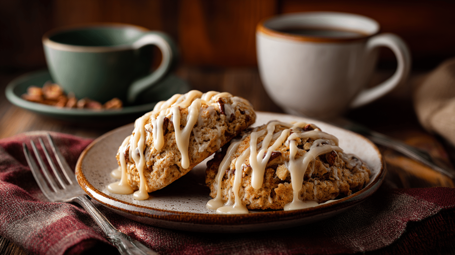Golden Banana Nut Scones with Maple Glaze served alongside a cup of coffee.