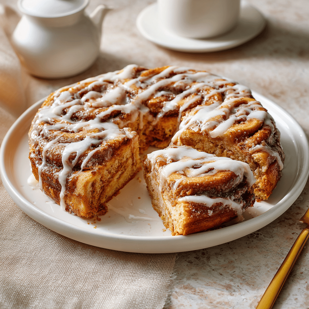 Giant Cinnamon Roll Cake: 7 Irresistible Tips for Fluffy Perfection 5 “Giant cinnamon roll cake with vanilla icing and a slice showing fluffy spiral inside