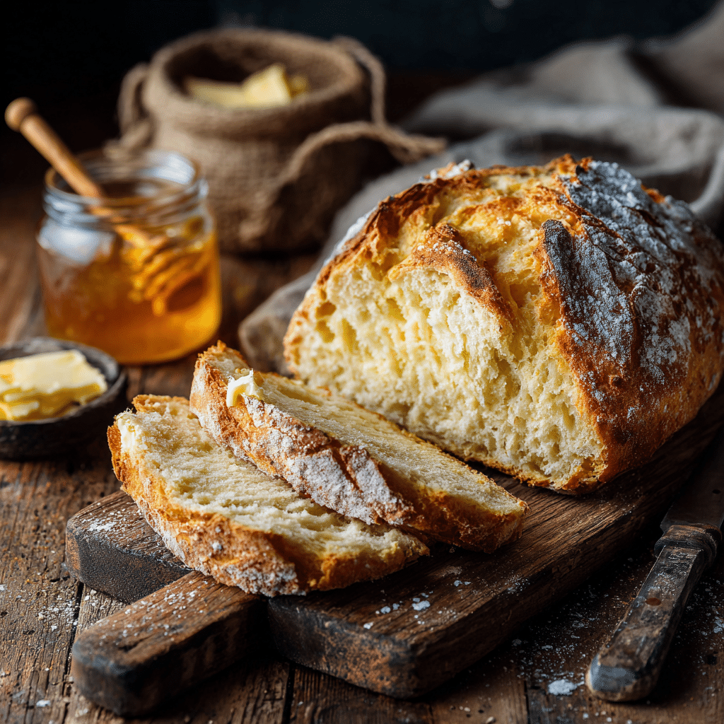 No Yeast Bread Recipe 7 Foolproof Steps to a Perfect Loaf 5 Sliced homemade no-yeast-bread on a wooden board served with butter and honey