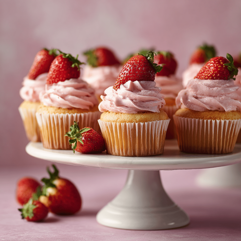 Strawberry Cupcakes with Strawberry Buttercream topped with fresh strawberries on a cake stand