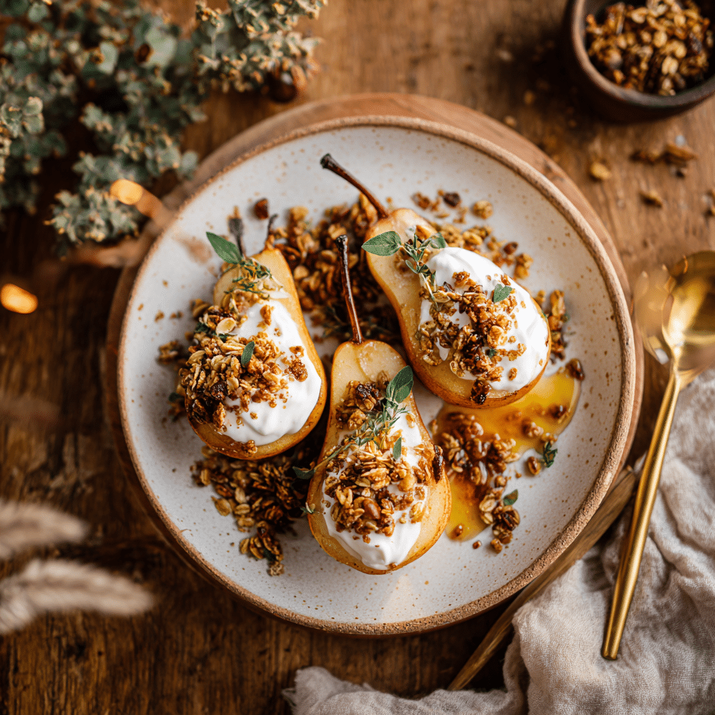 “Easy Maple Baked Pears served with yogurt and granola on white plate – finished dessert presentation”