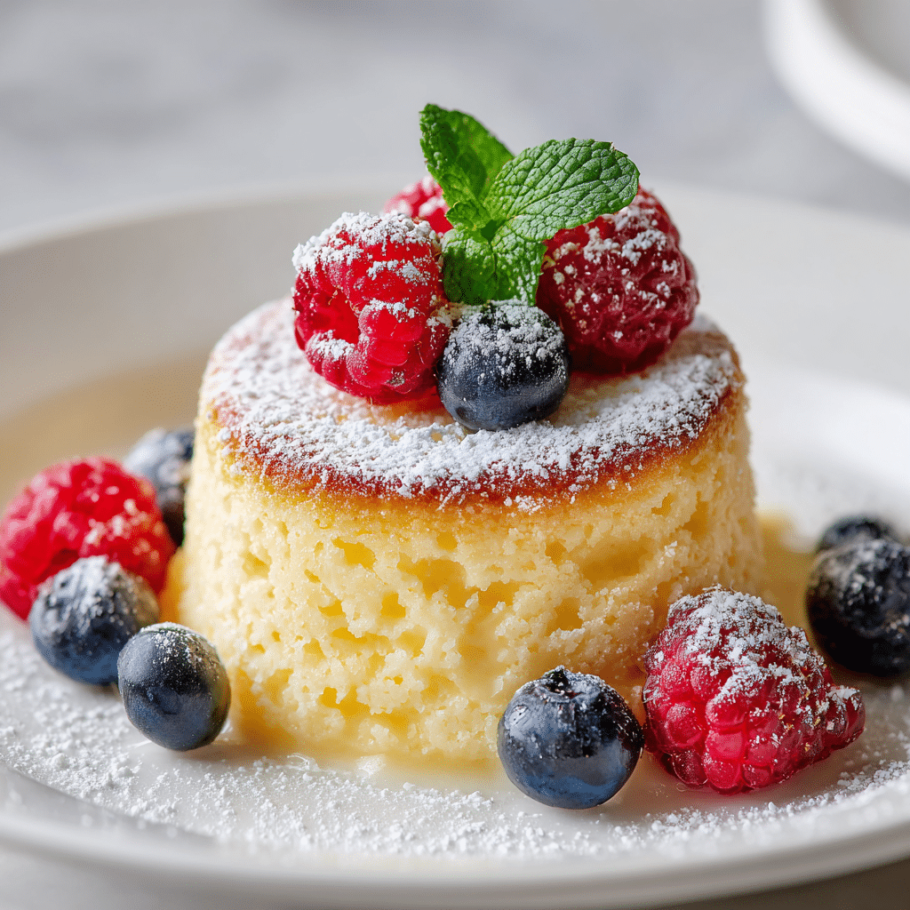 Lemon Pudding Cakes Recipe: 7 Steps to a Fluffy, Tangy Delight 5 finished Lemon Pudding Cakes with a golden top and pudding base, garnished with berries”