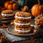 Pumpkin Oatmeal Cream Pies: 7 Secrets to Soft & Chewy Fall Cookies 10 Stacked Pumpkin Oatmeal Cream Pies on a rustic plate surrounded by fall decorations and warm autumn lighting