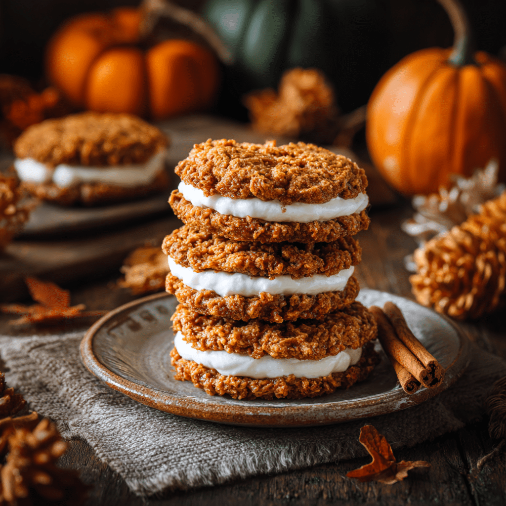Pumpkin Oatmeal Cream Pies: 7 Secrets to Soft & Chewy Fall Cookies 6 Stacked Pumpkin Oatmeal Cream Pies on a rustic plate surrounded by fall decorations and warm autumn lighting