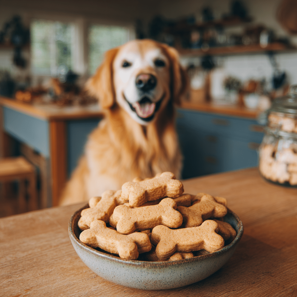 Soft peanut butter carrot dog treats in a bowl with a smiling dog ready to enjoy."