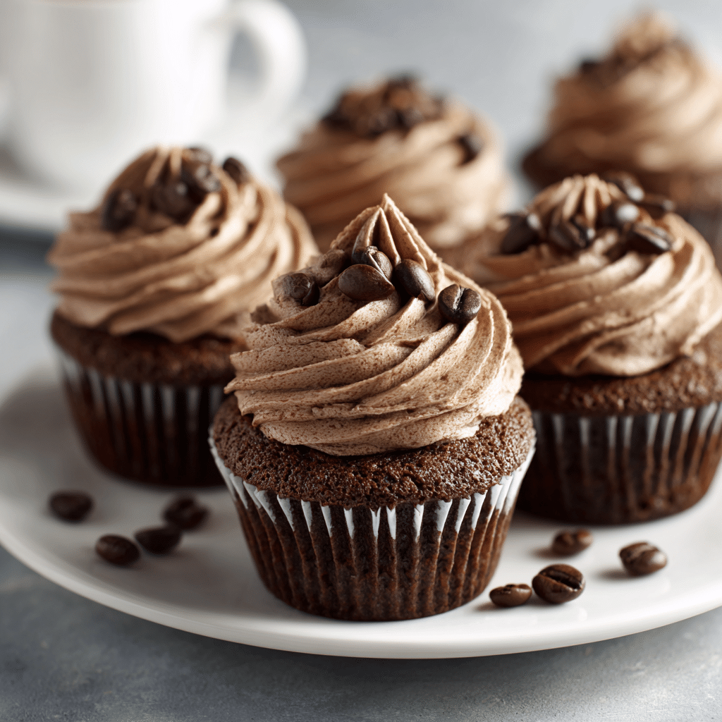 Mocha-frosted Guinness chocolate cupcakes without beer, beautifully plated.