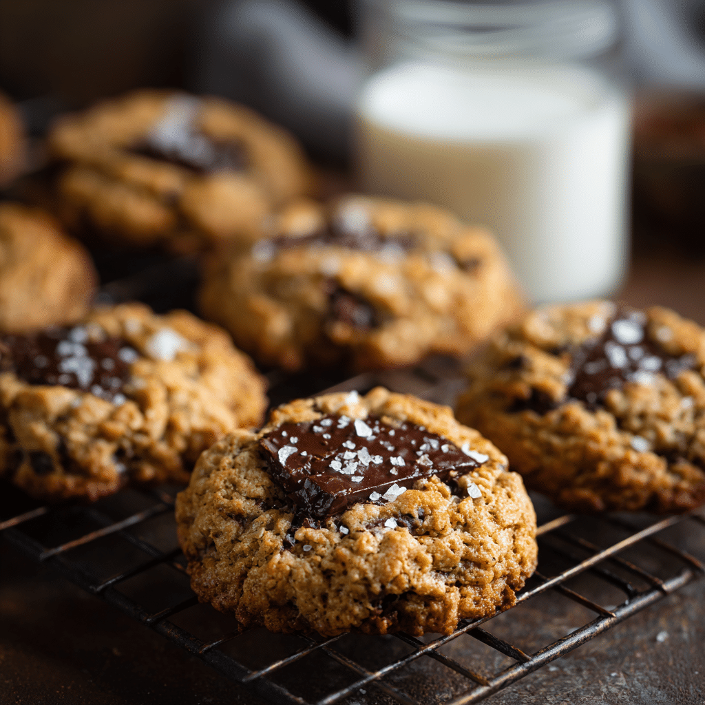 Freshly baked Dark Chocolate Chunk Oatmeal Cookies with melty chocolate chunks and sea salt