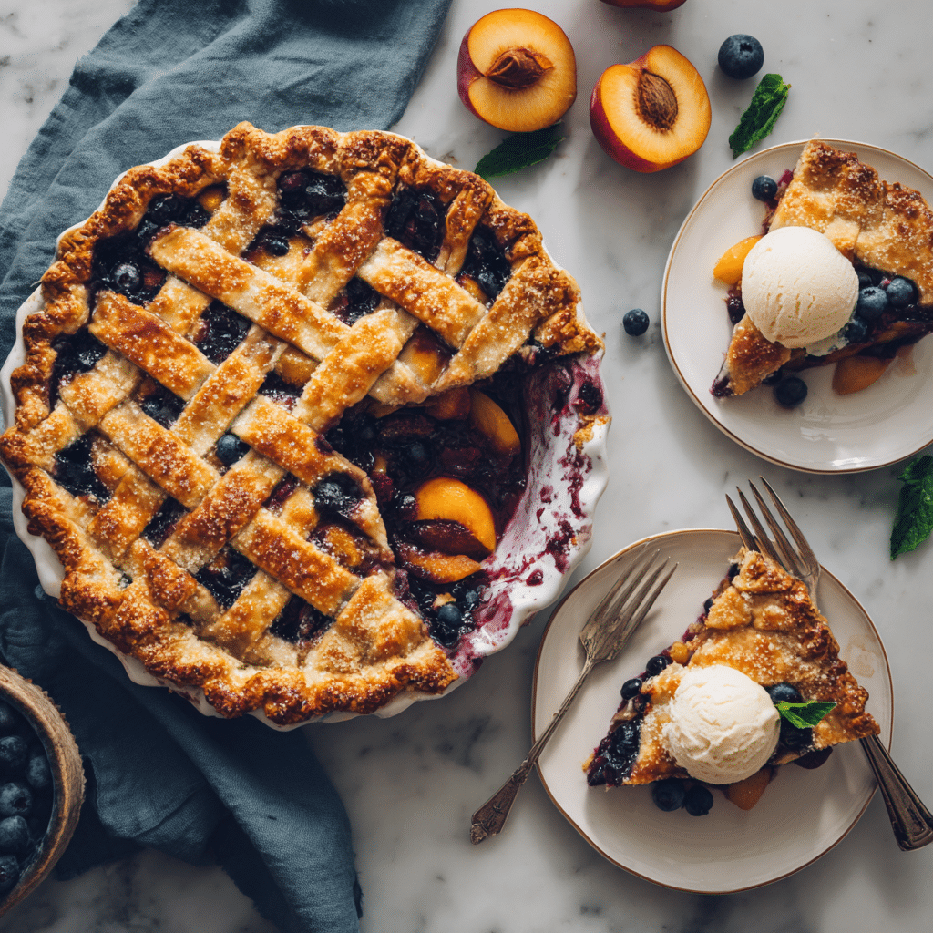 Blueberry Peach Pie: 7 Juicy Tips for Summer Success 5 “Sliced blueberry peach pie served with vanilla ice cream on marble surface”