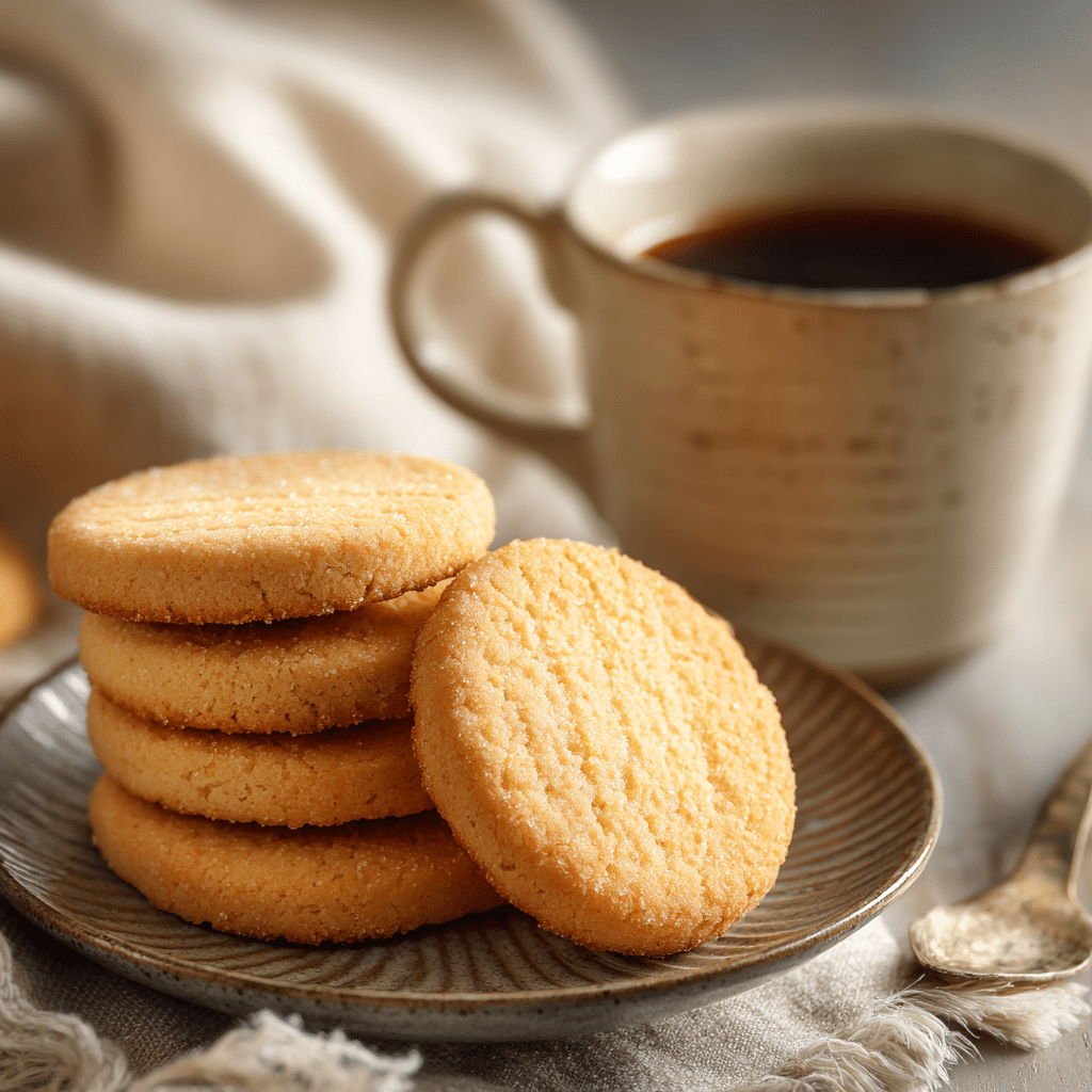 Plated Brown Sugar Shortbread Cookies with coffee in a cozy setting.