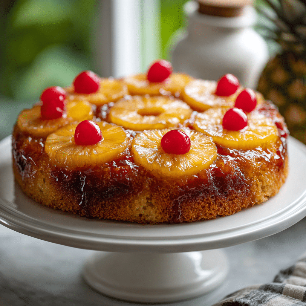 Pineapple Upside Cake Recipe – 9 Steps to a Perfect Flip 5 A perfectly golden pineapple-upside-cake with caramelized fruit topping on a serving platter