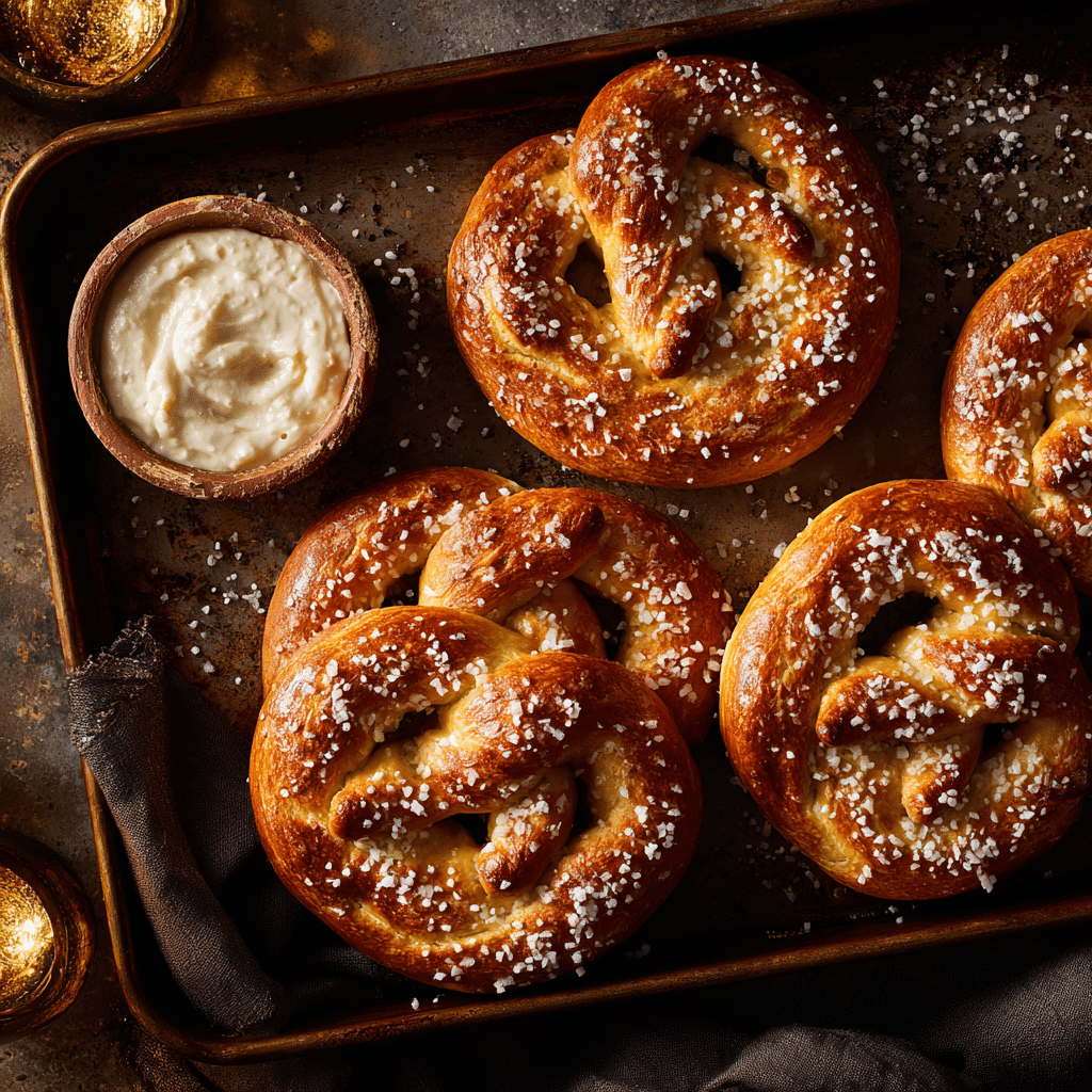 Freshly baked easy homemade soft pretzels with dipping cheese sauce