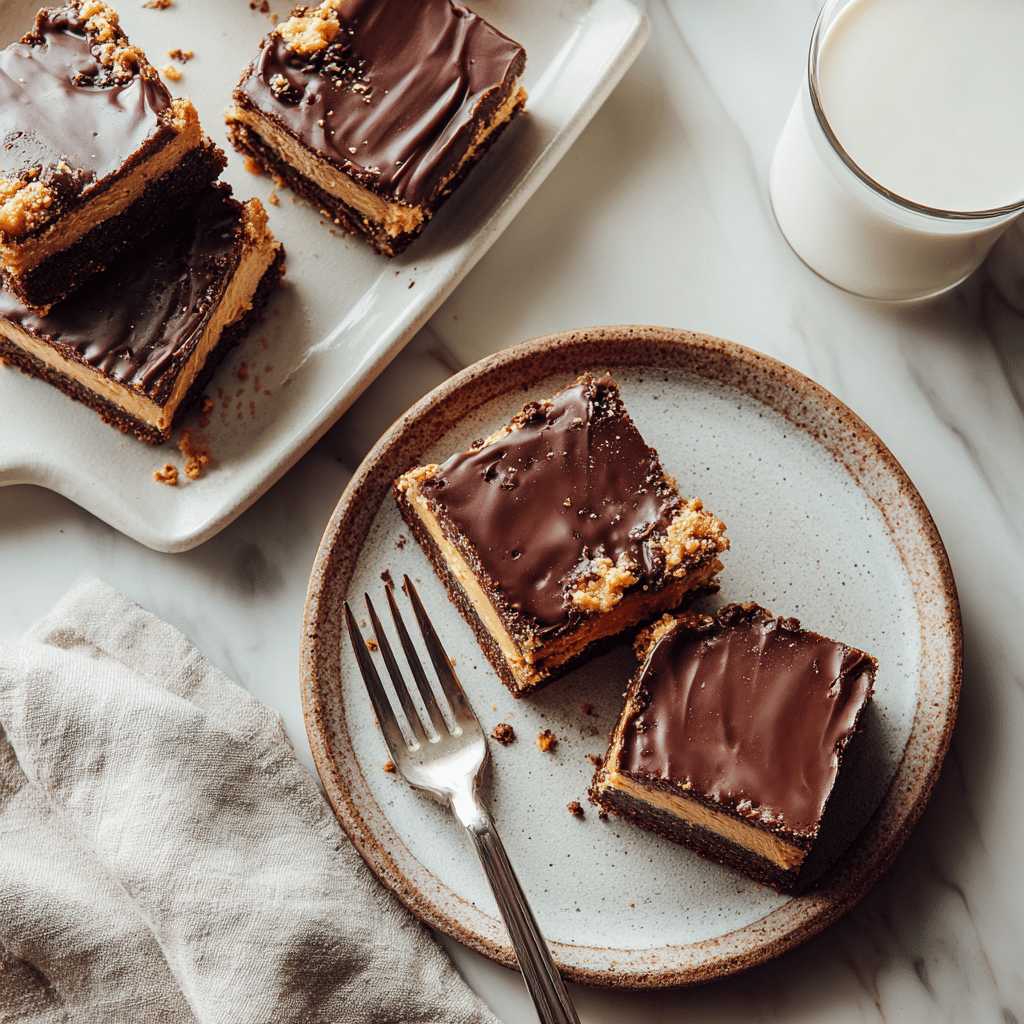 A stack of chocolate peanut butter cheesecake bars on a ceramic plate with one bar partially eaten and a glass of milk in the background.