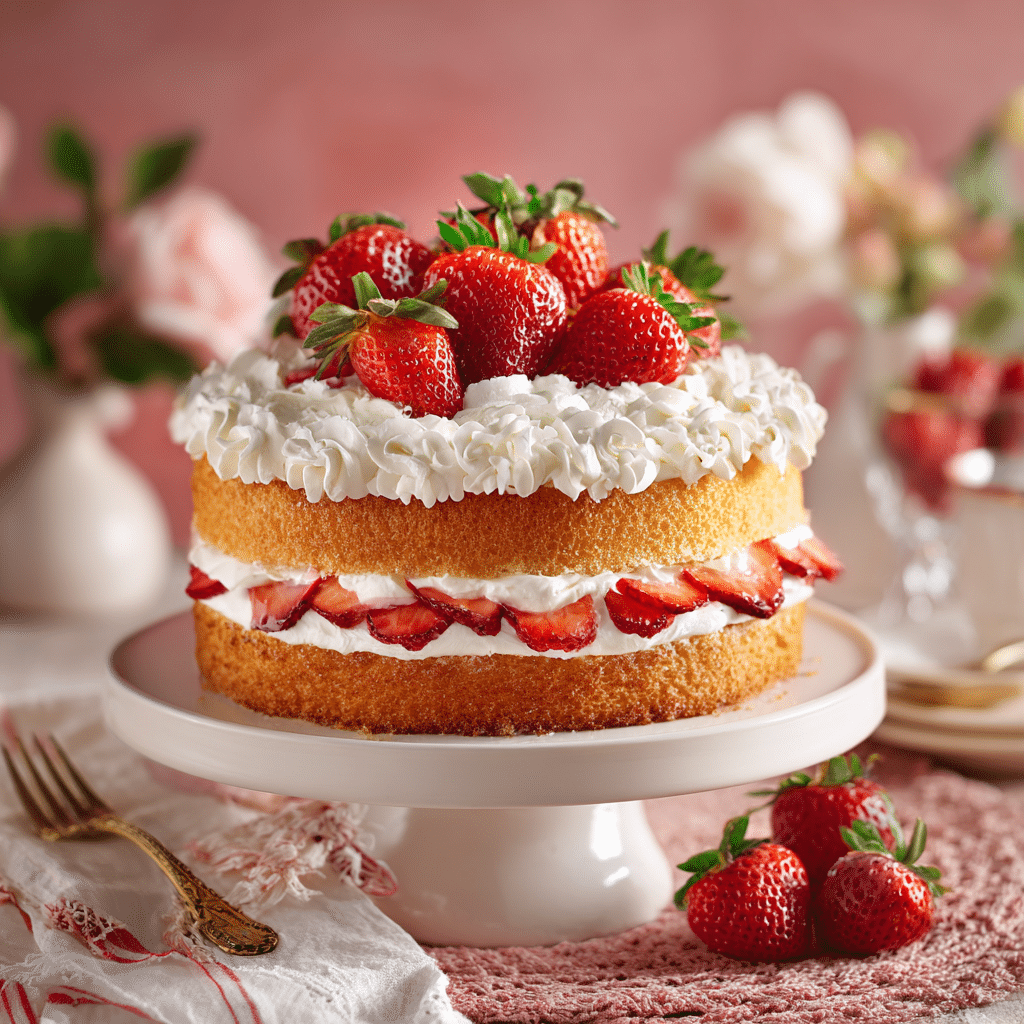 Strawberry Shortcake Cake – 7 Sweet Tips for the Perfect Slice 5 Fully assembled strawberry shortcake cake topped with whipped cream and fresh strawberries.
