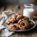Almond Butter Chocolate Chip Cookies – 5-Ingredient Irresistible Delight 9 “Freshly baked almond butter chocolate chip cookies on rustic plate with chocolate chips melting”