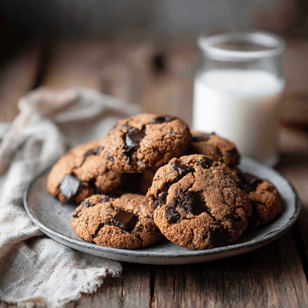 “Freshly baked almond butter chocolate chip cookies on rustic plate with chocolate chips melting”