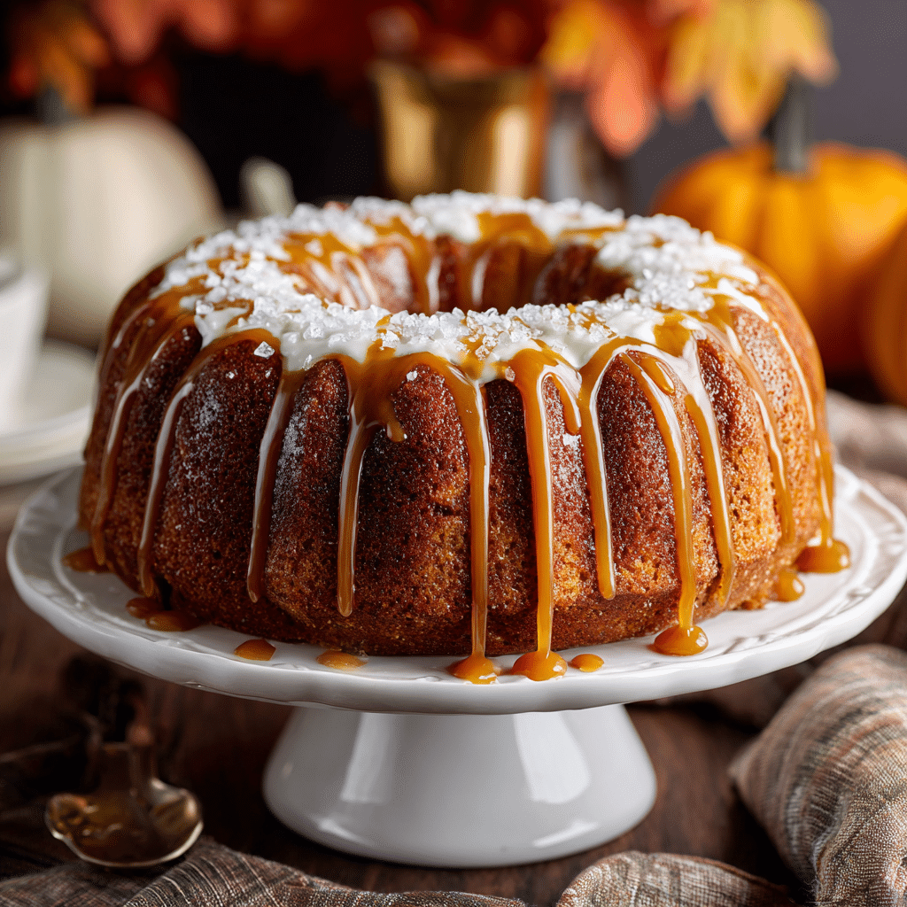 “Finished Pumpkin Cream Cheese Bundt Cake with caramel drizzle and fall-themed presentation”