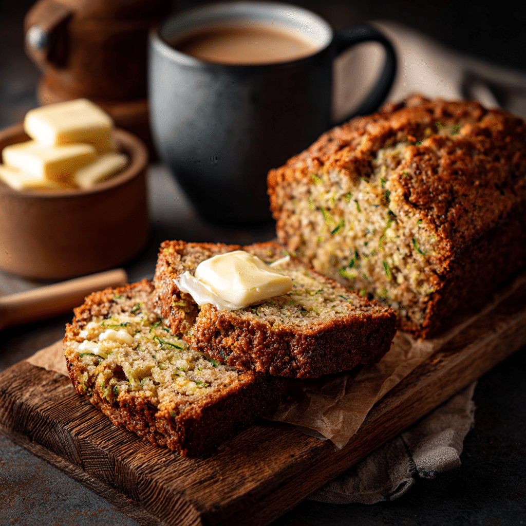 Freshly sliced zucchini bread served with butter and coffee.
