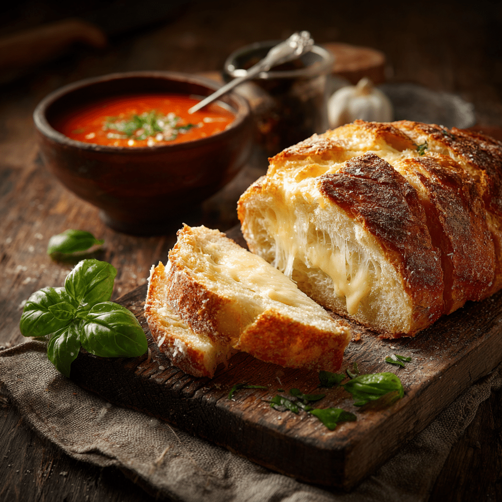 "Sliced asiago bread served with tomato soup and fresh basil on a rustic table"