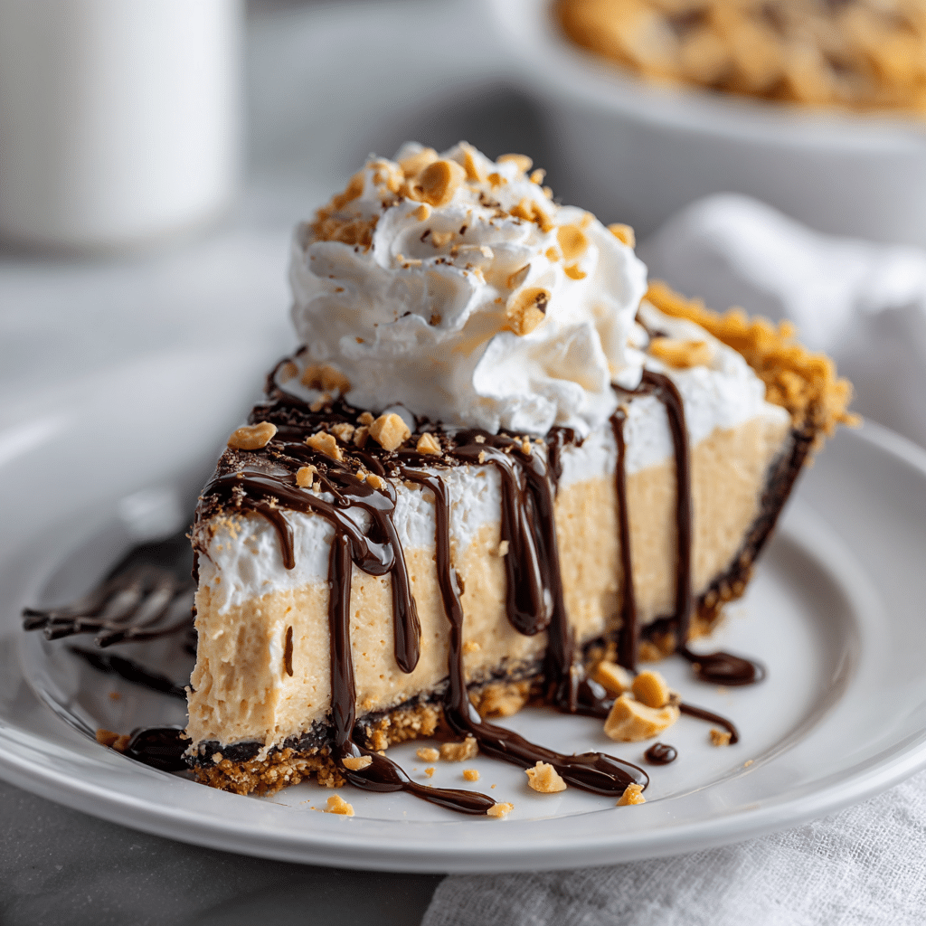 Slice of unbelievable peanut butter pie with chocolate drizzle and whipped cream