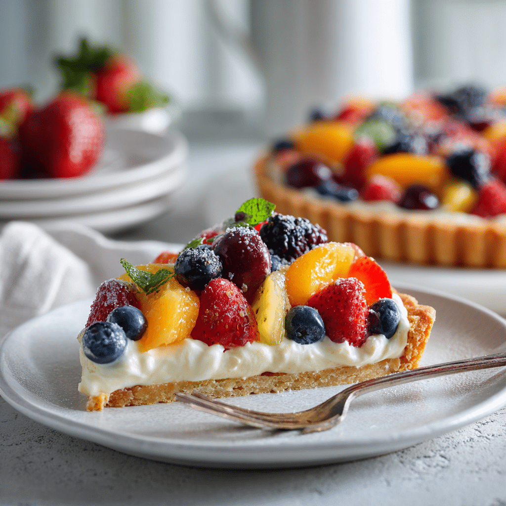 Fresh Fruit Tart with Vanilla Mascarpone Cream – 7 Irresistible Tips 5 "Slice of Fresh Fruit Tart with Vanilla Mascarpone Cream served on a plate"