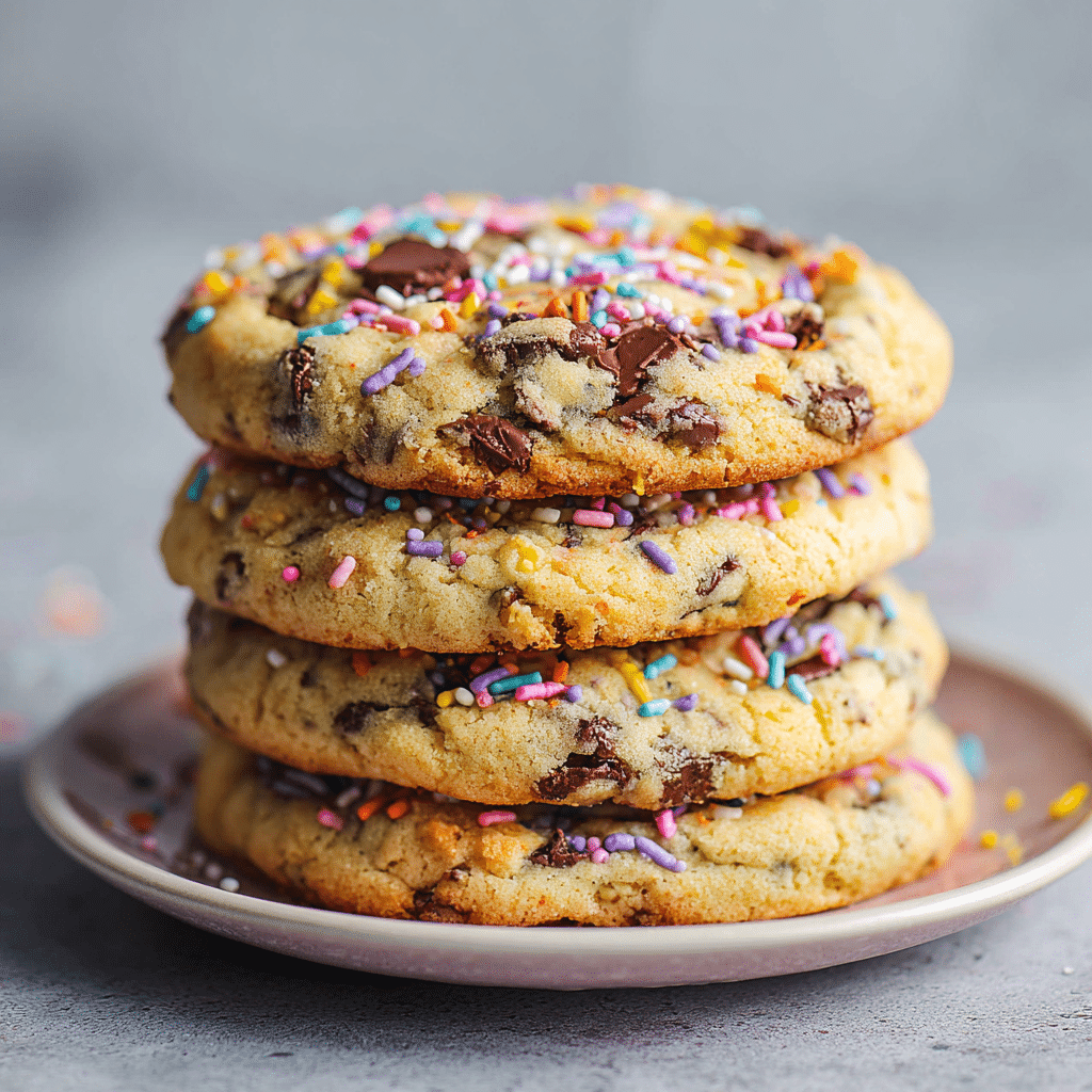 Cake Batter Chocolate Chip Cookies: 7 Secrets to Soft, Chewy Perfection 5 Baked Cake Batter Chocolate Chip Cookies stacked on a plate with melted chocolate and colorful sprinkles