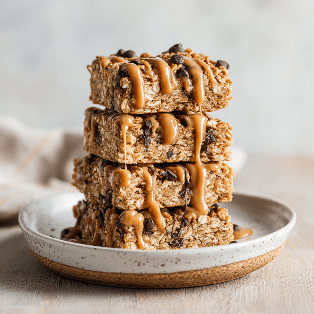 Peanut Butter Banana Chocolate Chip Oatmeal Bars: 7 Easy Steps to Chewy Perfection 5 Plated Peanut Butter Banana Chocolate Chip Oatmeal Bars drizzled with melted peanut butter