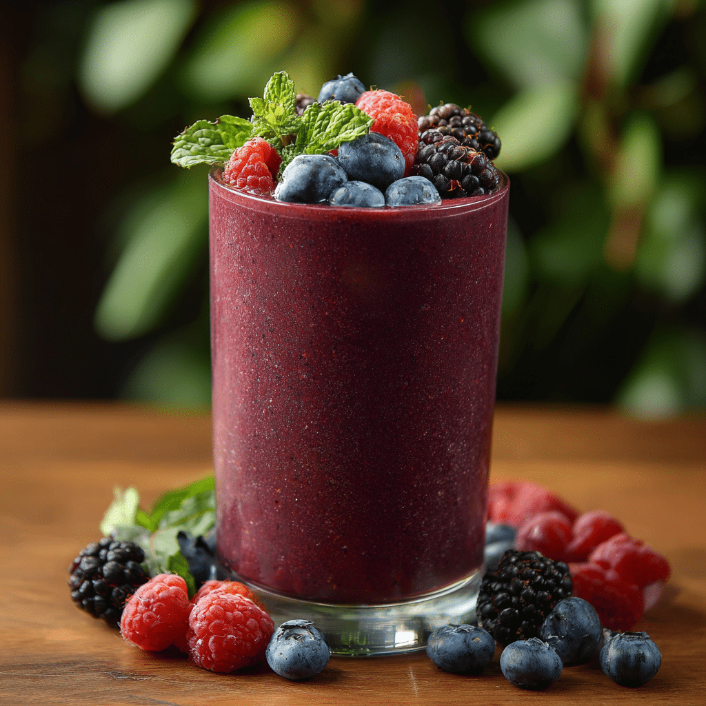 Berry Purple Power Smoothie topped with fresh berries and mint.
