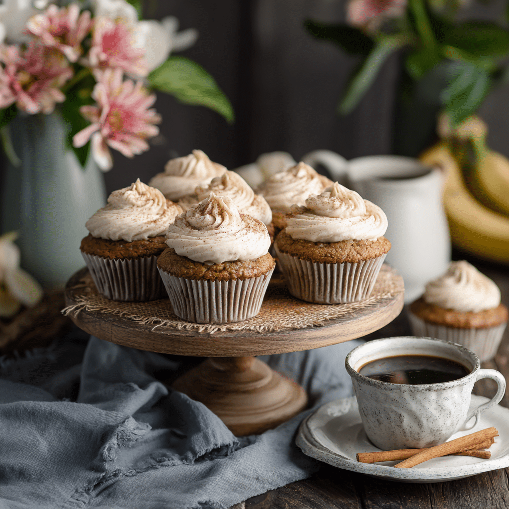 Banana cupcakes with cinnamon cream cheese frosting served with coffee.