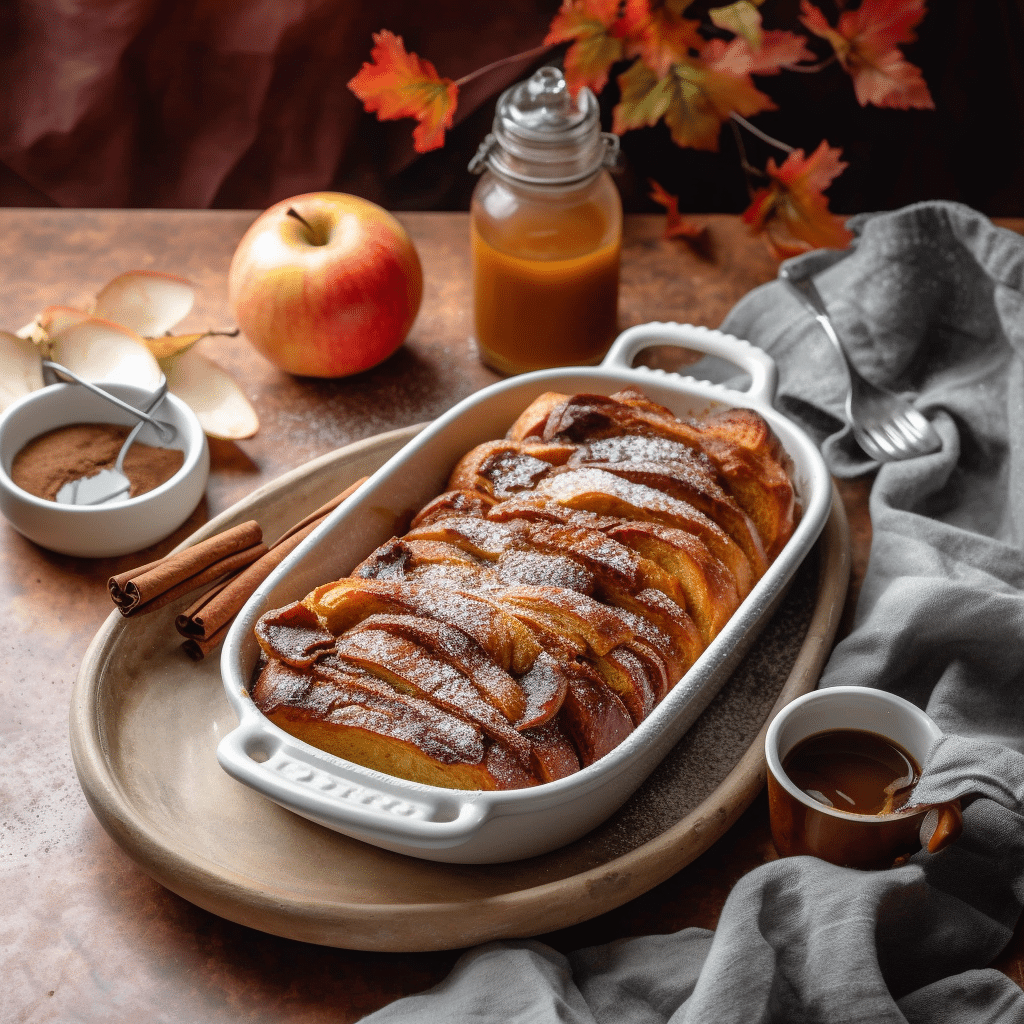 Baked apple cider French toast topped with powdered sugar and maple syrup on a fall-themed breakfast table.”