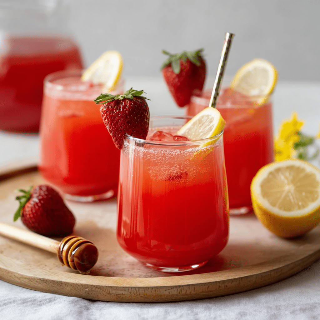 Honey-Sweetened Strawberry Lemonade – 4-Ingredient Irresistible Drink 5 A pitcher of refreshing honey-sweetened strawberry lemonade with lemon slices and strawberries served over ice.