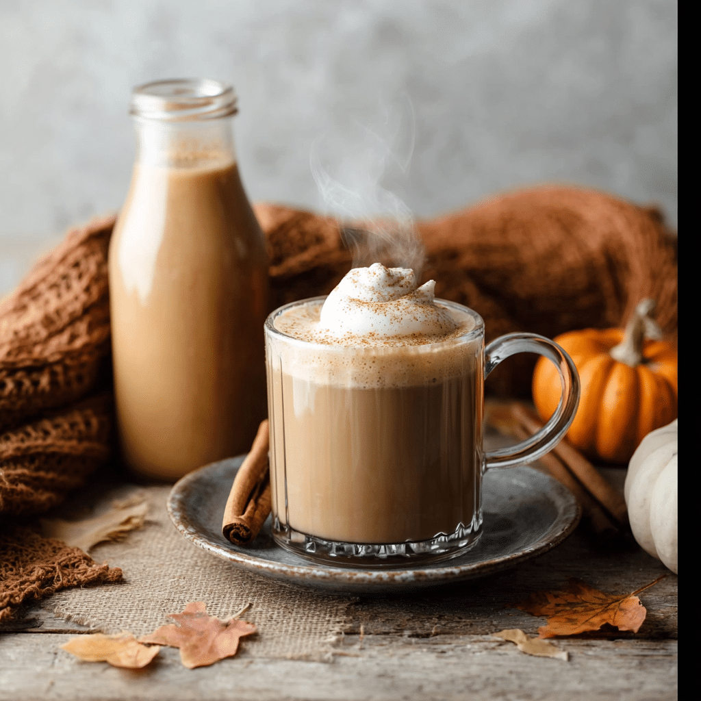 “Glass bottle of homemade pumpkin coffee creamer with fall coffee setup and cozy decor”