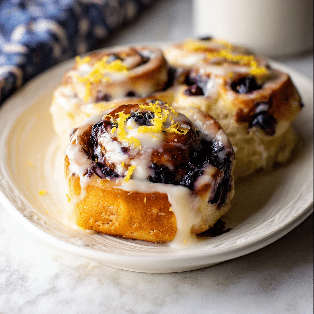 Freshly baked blueberry lemon sweet rolls topped with lemon glaze and lemon zest on a white plate.”