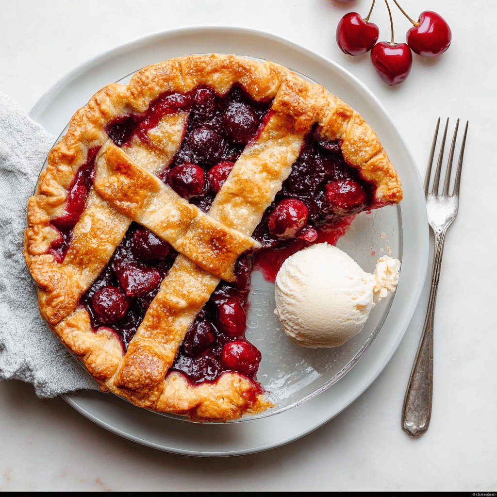 Cherry Pie Recipe: 7 Secrets to a Flaky, Juicy Slice 5 Slice of homemade cherry pie served with vanilla ice cream.