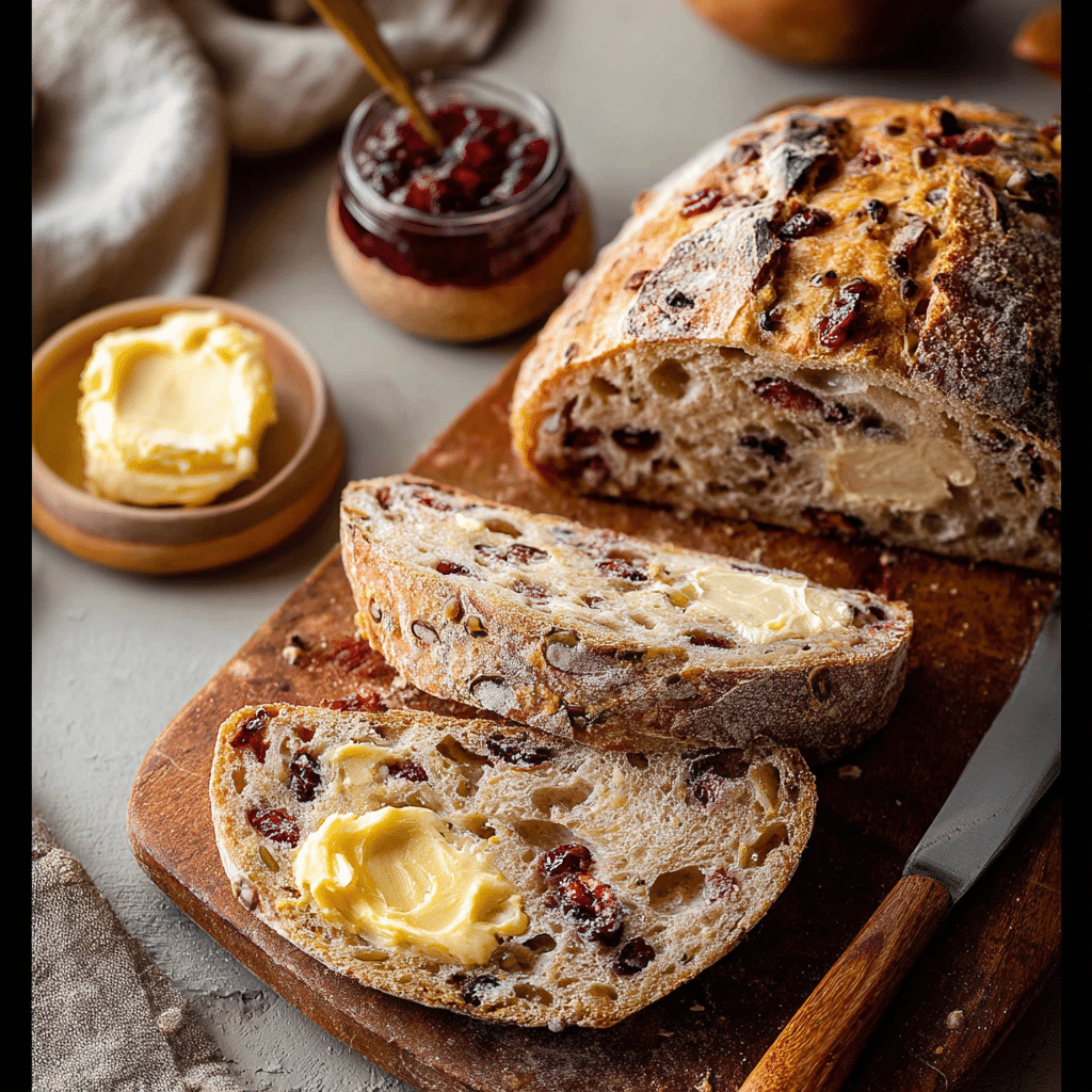 "Sliced crusty cranberry nut no-knead bread on wooden board with butter and jam in cozy kitchen setting"